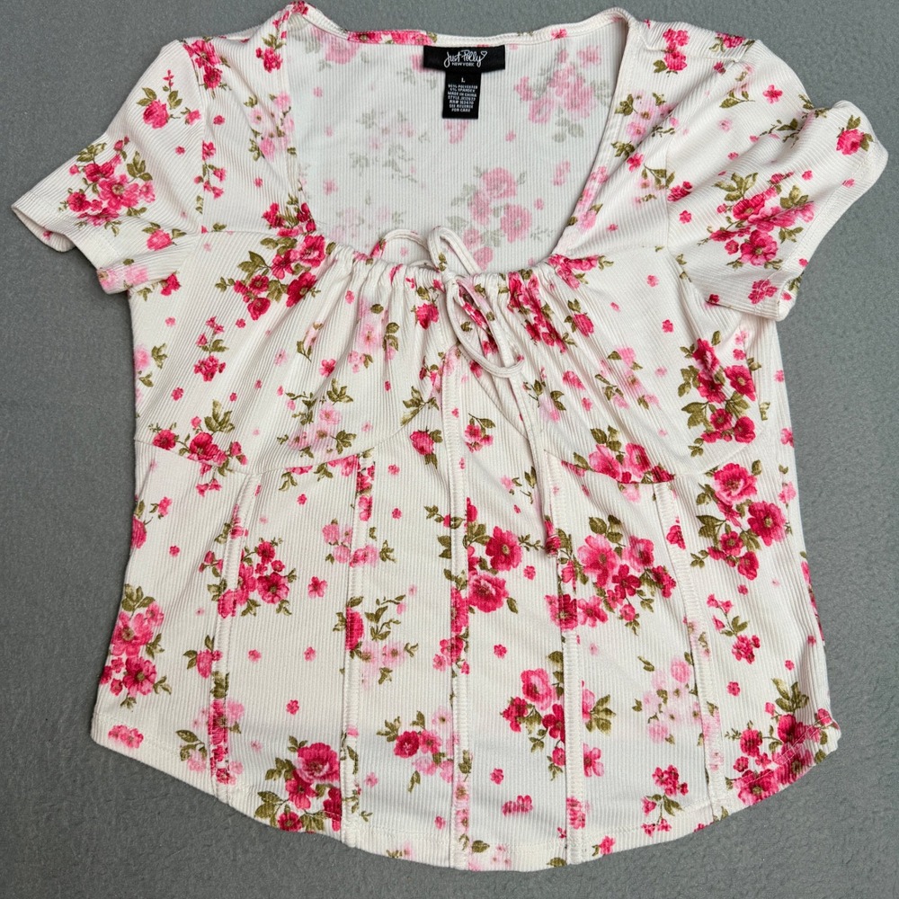 Just Polly Floral Ribbed Tie Front Corset Style Top White Pink Red JK12672 L